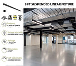 8 FT LED Direct/Indirect Suspended Linear Fixture, 2" Wide, 9200 Lumen Max, Wattage and CCT Selectable, 120-277V, White or Black Finish