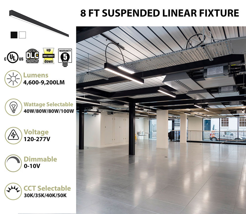8 FT LED Direct/Indirect Suspended Linear Fixture, 2" Wide, 9200 Lumen Max, Wattage and CCT Selectable, 120-277V, White or Black Finish