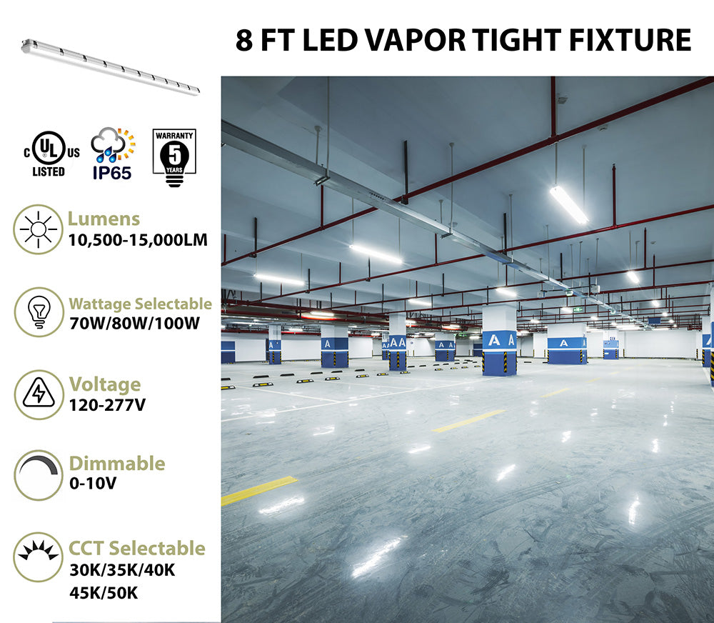 8FT LED Vapor Tight Fixture, 15,000 Lumen Max, CCT and Wattage Selectable, 120-277V