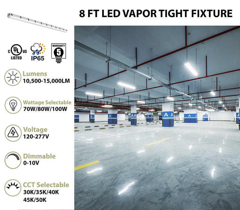 8FT LED Vapor Tight Fixture, 15,000 Lumen Max, CCT and Wattage Selectable, 120-277V