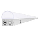 White 8ft led strip light fixture with sleek elongated design and two circular side ports wattage and cct selectable