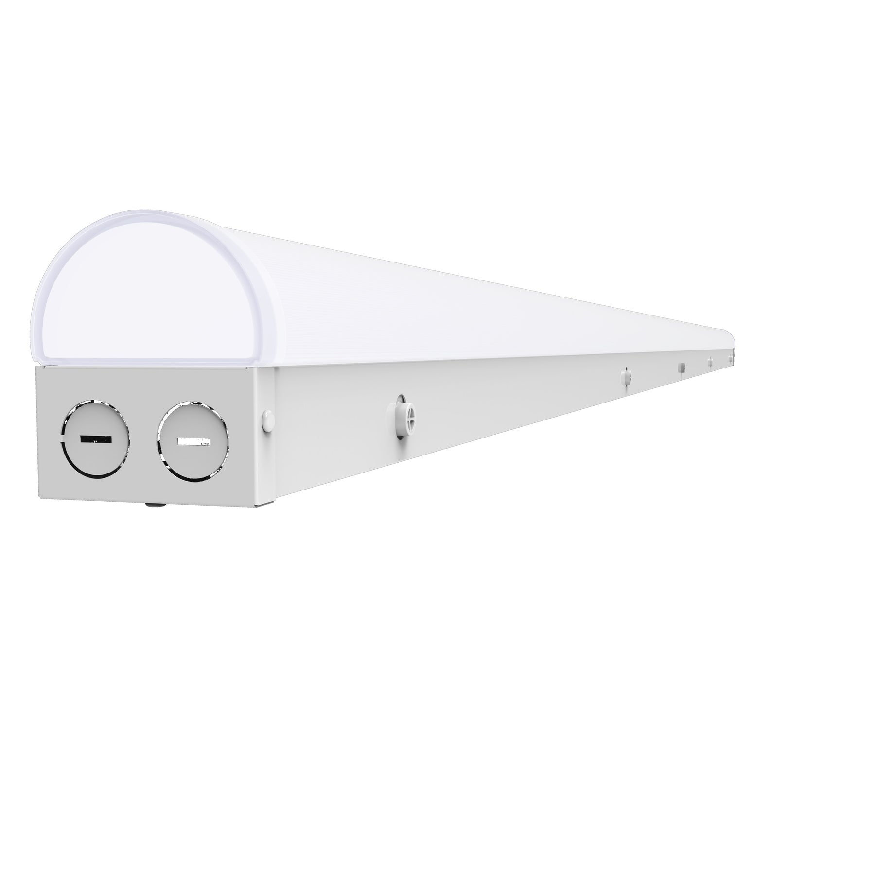 White 8ft led strip light fixture with sleek elongated design and two circular side ports wattage and cct selectable