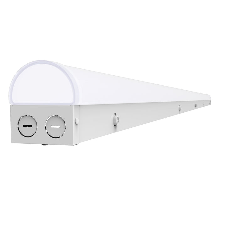 White 8ft led strip light fixture with sleek elongated design and two circular side ports wattage and cct selectable