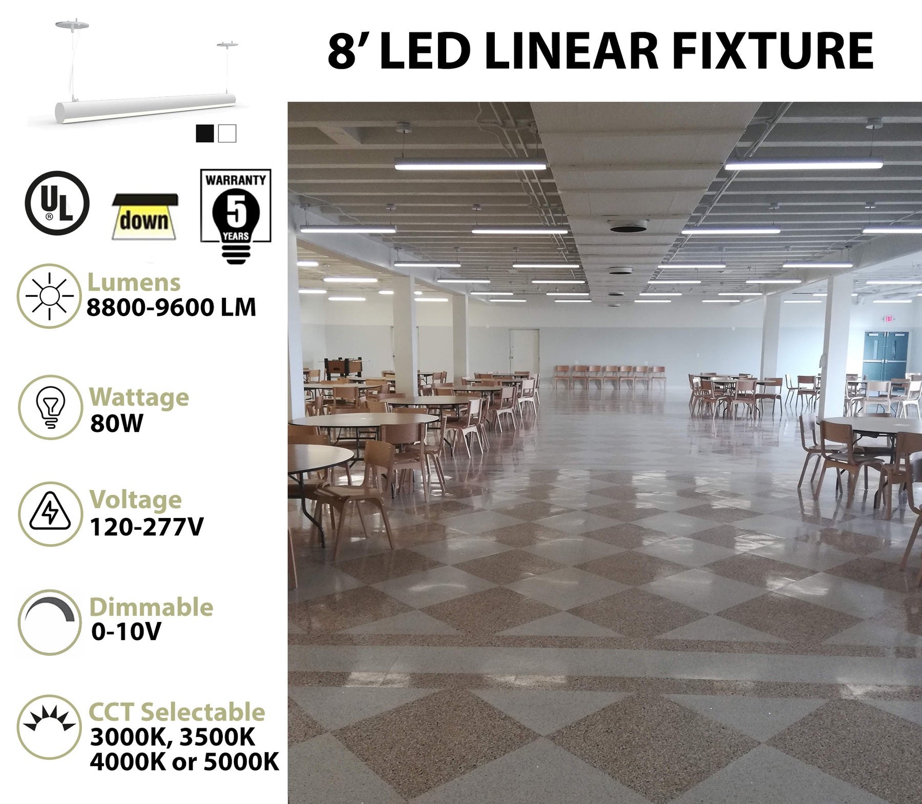 8 FT LED Suspended Linear Fixture G2, 9600 Lumen Max, 80W, CCT Selectable, 120-277V, White or Black Finish