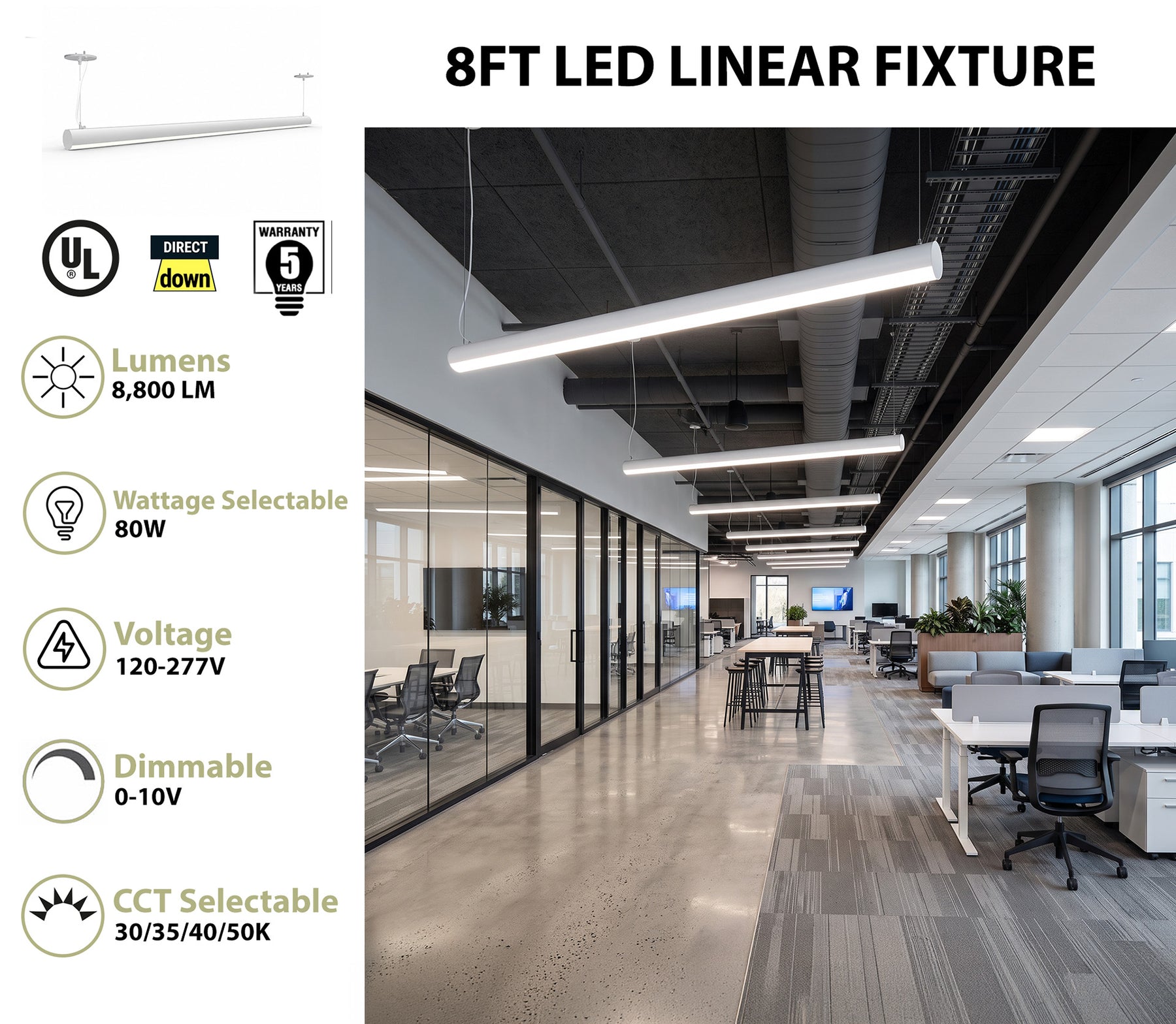 8 FT LED Suspended Linear Fixture G2, 9600 Lumen Max, 80W, CCT Selectable, 120-277V, White or Black Finish