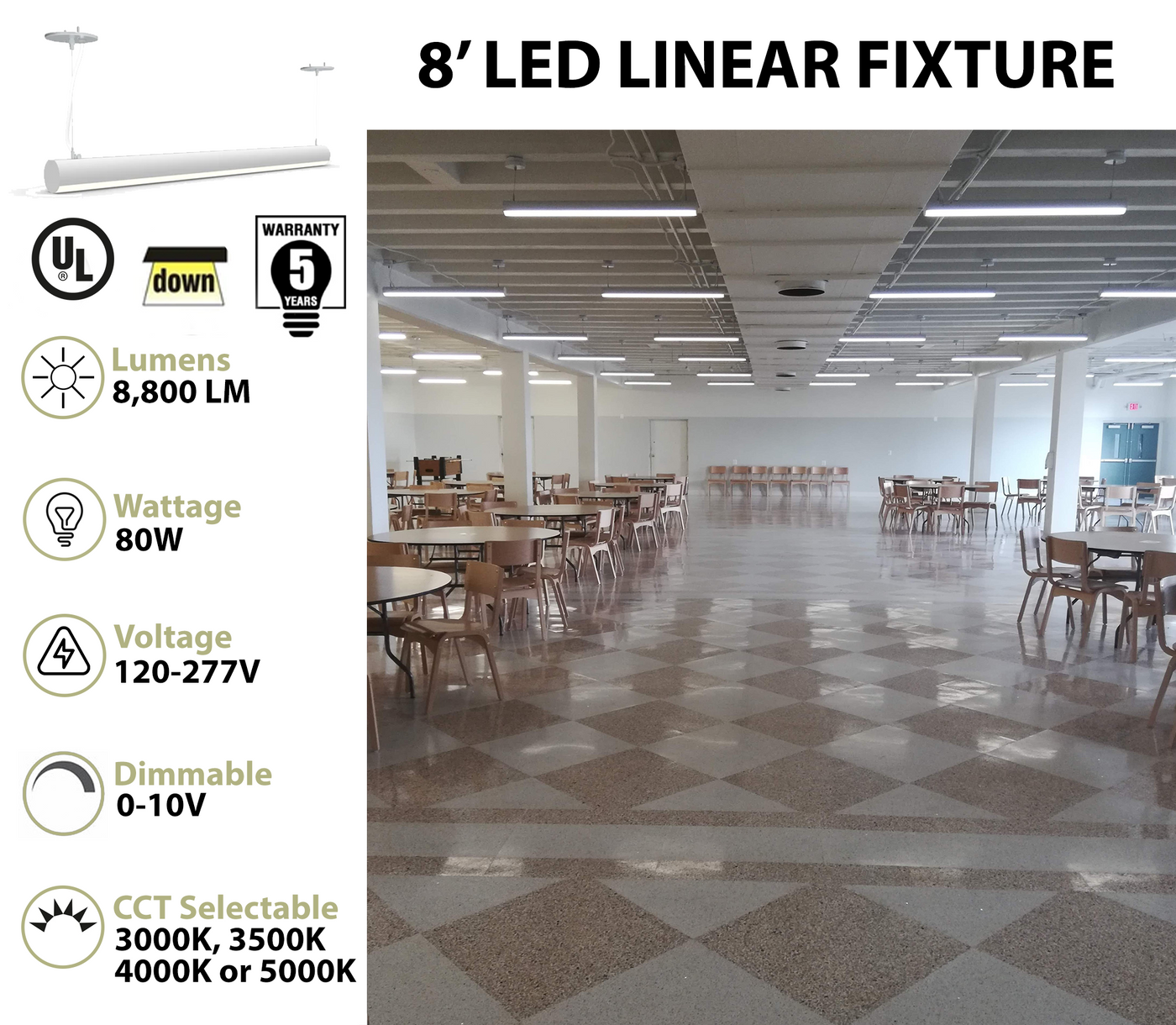 8 FT LED Suspended Linear Fixture G2, 9600 Lumen Max, 80W, CCT Selectable, 120-277V, 0-10V Dimmable