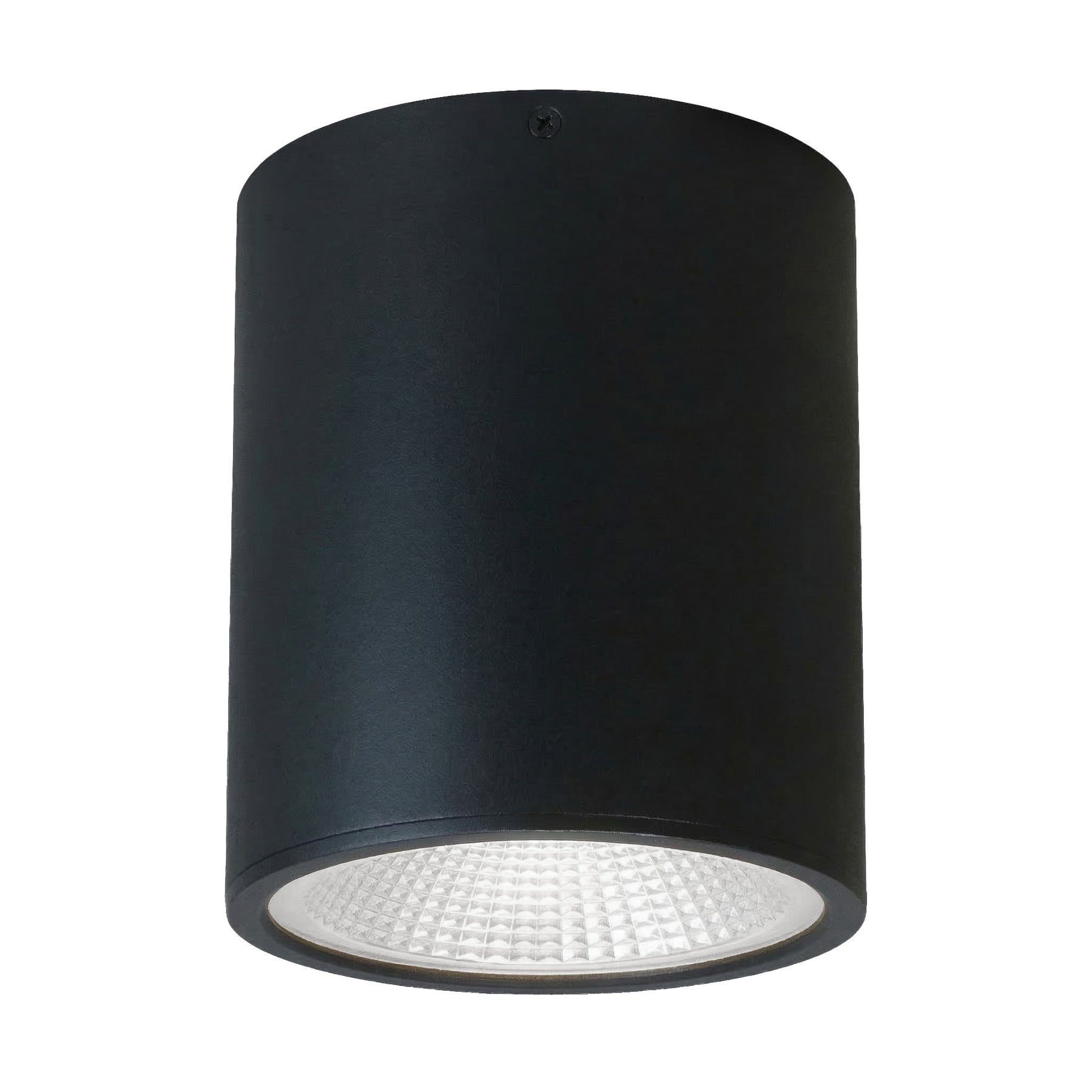 Black architectural cylinder light with matte finish and textured grid diffuser LED bulb for ceiling lighting