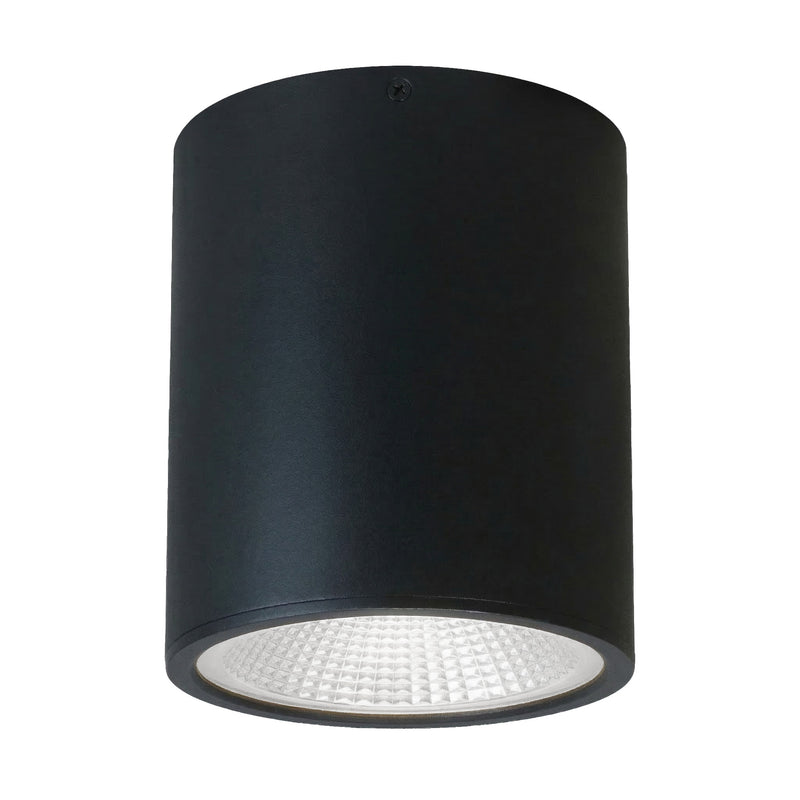 Black architectural cylinder light with matte finish and textured grid diffuser LED bulb for ceiling lighting