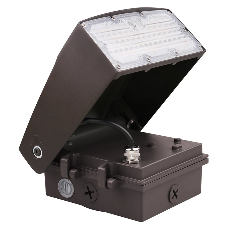Dark brown outdoor adjustable wall pack with clear ribbed lens metallic hardware 4200 lumen max selectable wattage