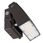 Dark brown outdoor adjustable wall pack led light fixture with angular design and visible internal led strips