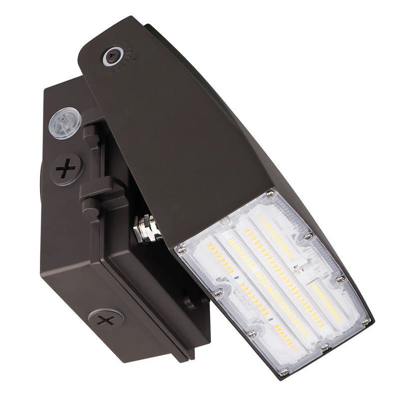 Dark brown outdoor adjustable wall pack led light fixture with angular design and visible internal led strips