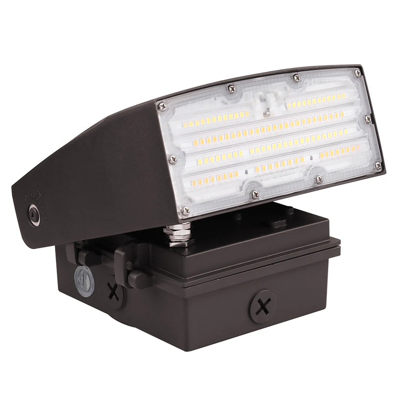 Black outdoor led adjustable wall pack with rectangular housing and visible illuminated leds for versatile lighting