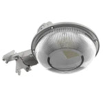 Silver-colored circular led dusk to dawn security light with ribbed glass cover and mounting bracket for outdoor use