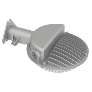 Gray aluminum dusk to dawn security light with circular ribbed lamp housing and mounting bracket for outdoor use