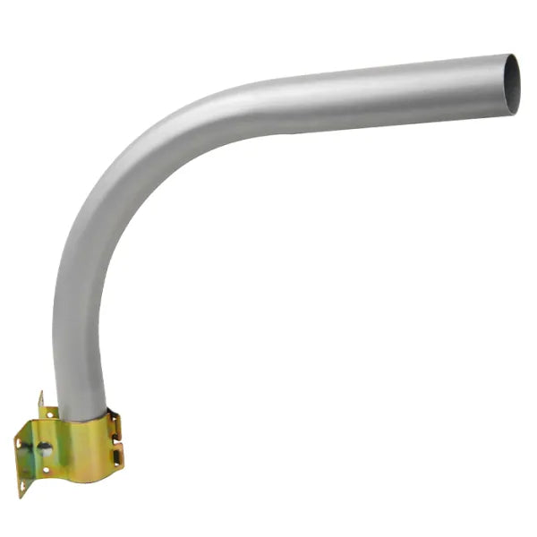 Silver metallic curved pipe with yellow mounting bracket for dusk to dawn security light with photocell included