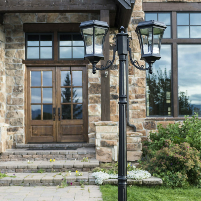 Two Light Victorian Solar LED Lamp Post w/GS Solar Light Bulb, 300 Lumens, 4.8W, 2700K CCT Black Finish