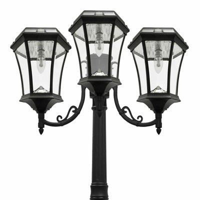 Three Light Victorian Solar LED Lamp Post w/GS Solar Light Bulb, 450 Lumens, 7.2W, 2700K CCT, Black Finish