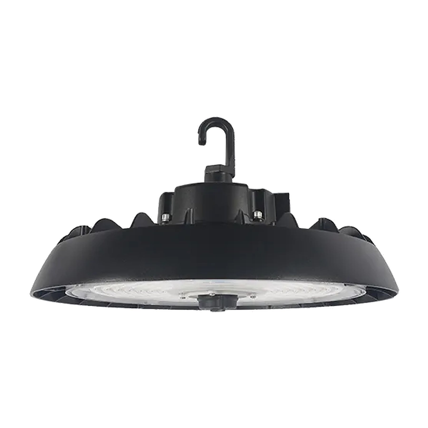 Black round UFO LED high bay light with hook mount, finned die-cast housing, and clear lens, angled view