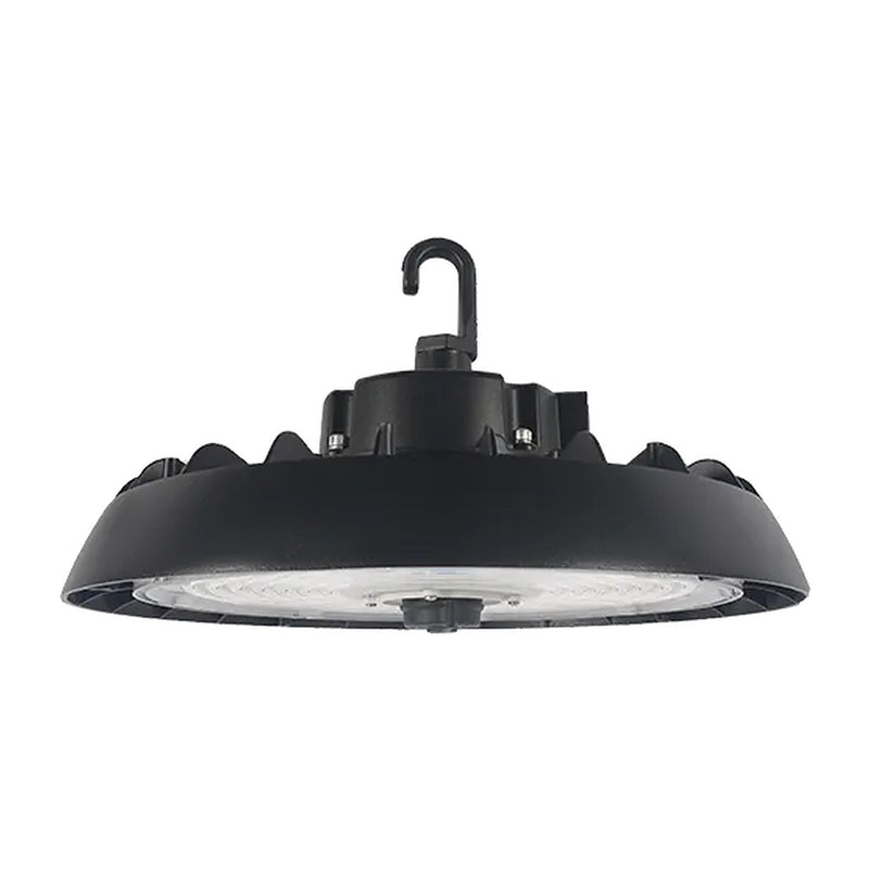 Black round UFO LED high bay light with hook mount, finned die-cast housing, and clear lens, angled view