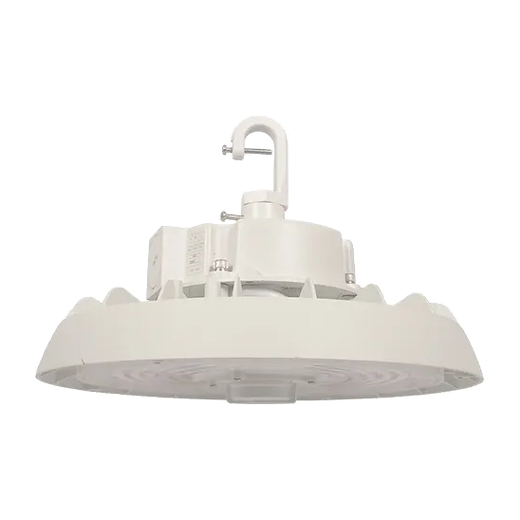 White round UFO LED high bay light with hook mount, finned die-cast housing, and side-mounted driver box, angled view