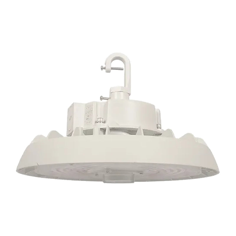White round UFO LED high bay light with hook mount, finned die-cast housing, and side-mounted driver box, angled view