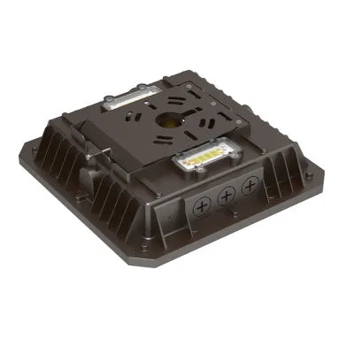 Black industrial led slim canopy light fixture with rugged heat-dissipating design and integrated circuit board