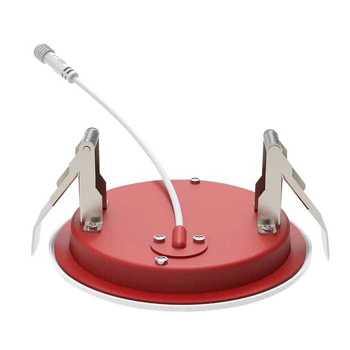 8 inch red cct selectable fire rated disk light with metallic brackets and white cable for ceiling installation