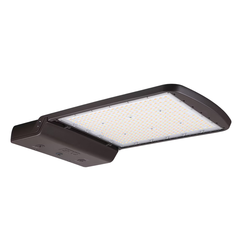A modern rectangular LED street light with a dark bronze housing and a bright white diffuser panel, shown at an angle on a solid white background.