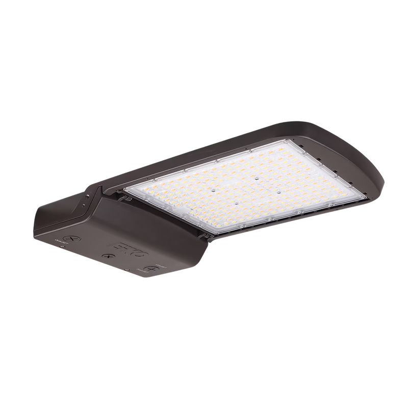 A modern rectangular LED street light with a dark bronze housing and a bright white diffuser panel, shown at an angle on a solid white background.