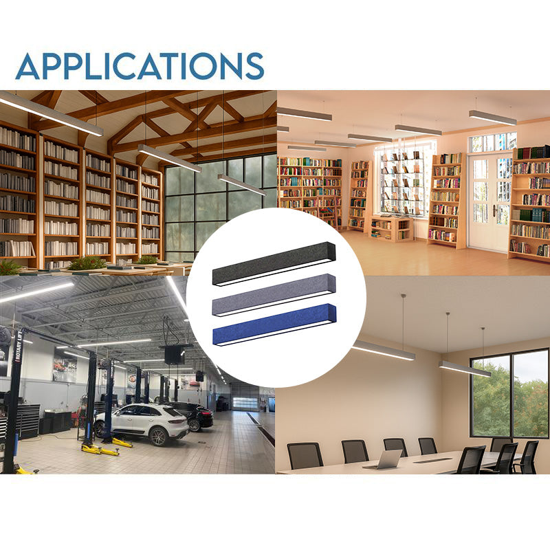 8 FT LED Direct/Indirect Suspended Acoustic Linear Fixture, 11,000 Lumen Max, Wattage and CCT Selectable, 120-277V, Dark Gray, Gray, or Royal Blue Finish