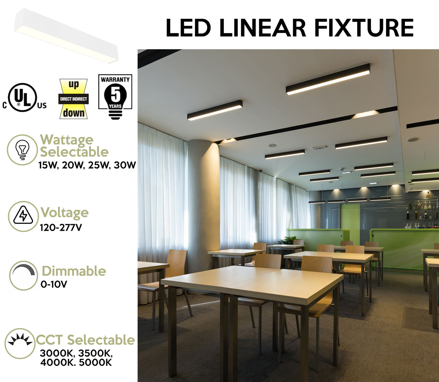 2 FT LED Direct/Indirect Suspended Linear Fixture G2, 2200 Lumen Max, Wattage and CCT Selectable, 120-277V, Black or White Finish