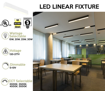 2 FT LED Direct/Indirect Suspended Linear Fixture G2, 3300 Lumen Max, Wattage and CCT Selectable, 120-277V, Black or White Finish