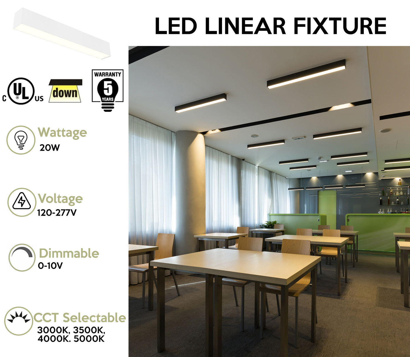 2 FT LED Linear Fixture G2, 2200 Lumen Max, 20W, CCT Selectable, 120-277V, Black or White Finish