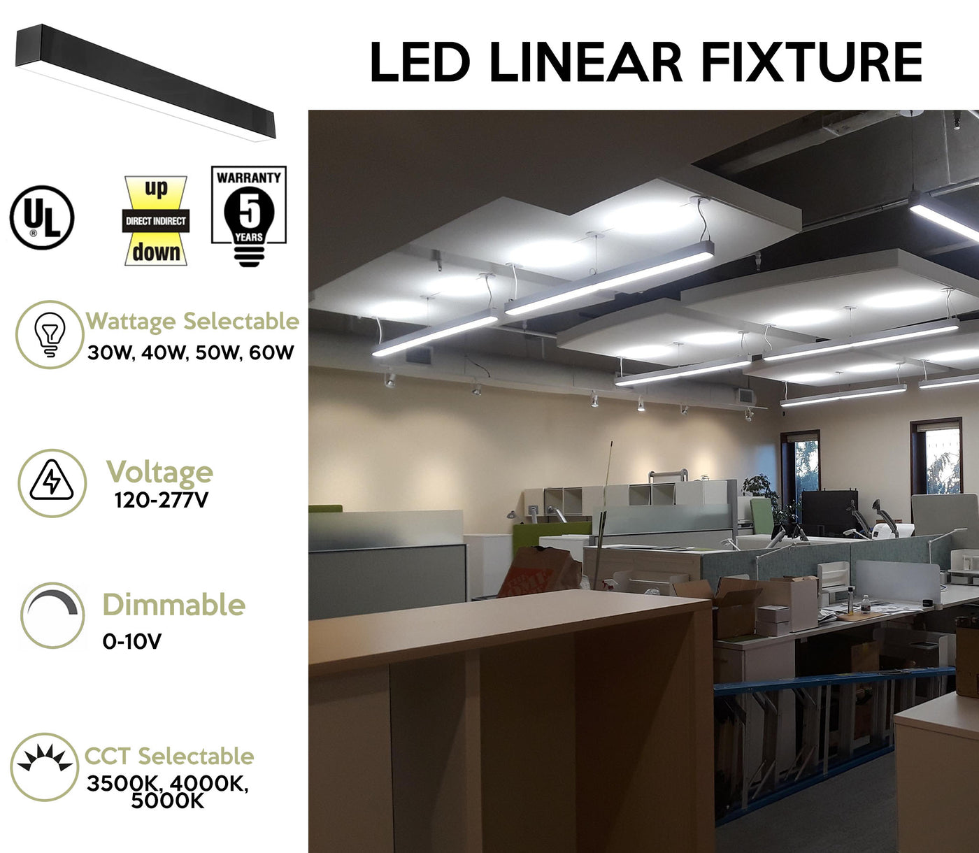 4 FT LED Direct/Indirect Suspended Linear Fixture G2, 6900 Lumen Max, Wattage and CCT Selectable, 120-277V, Black Finish