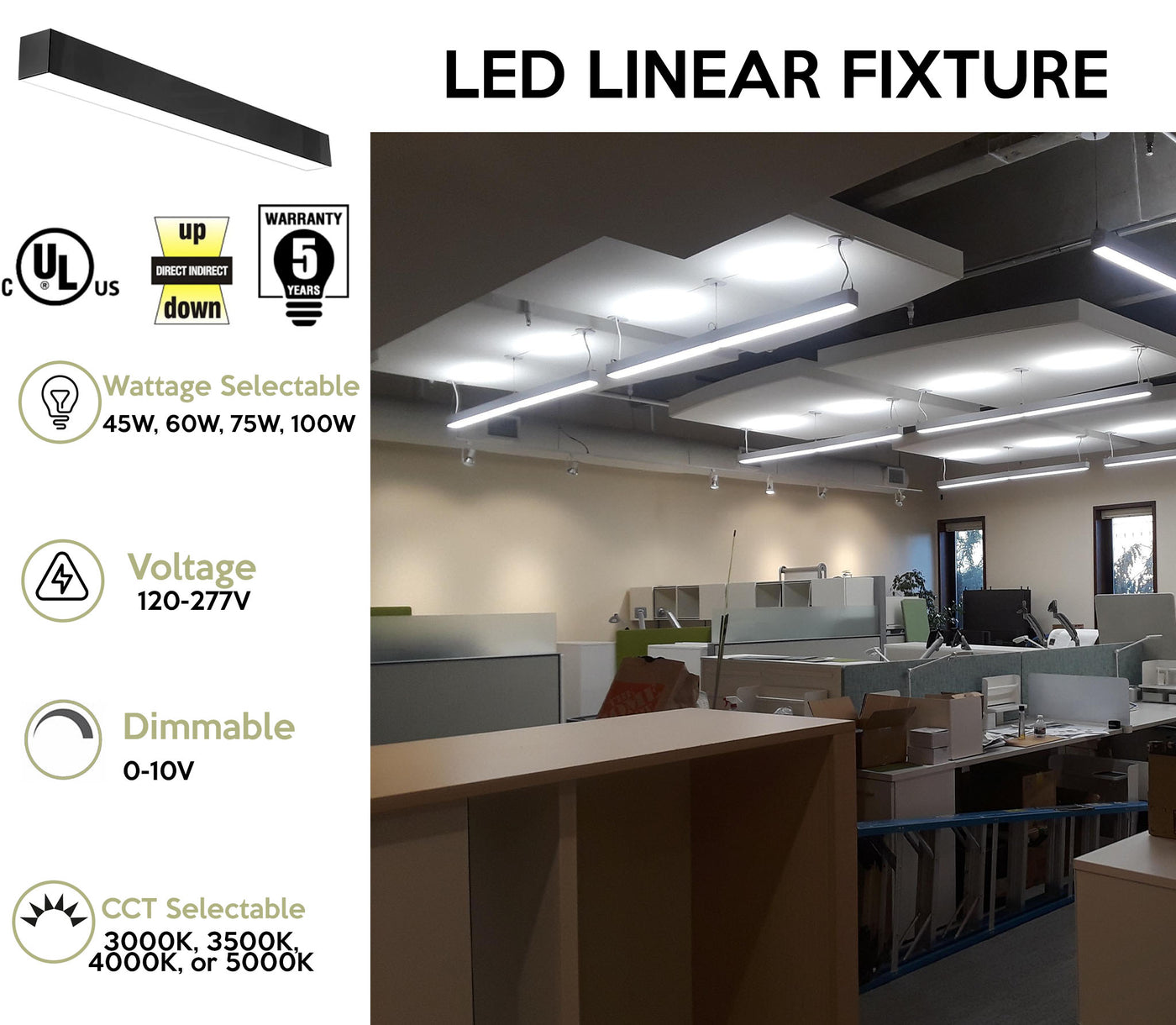 6 FT LED Direct/Indirect Suspended Linear Fixture G2, 7000 Lumen Max ...