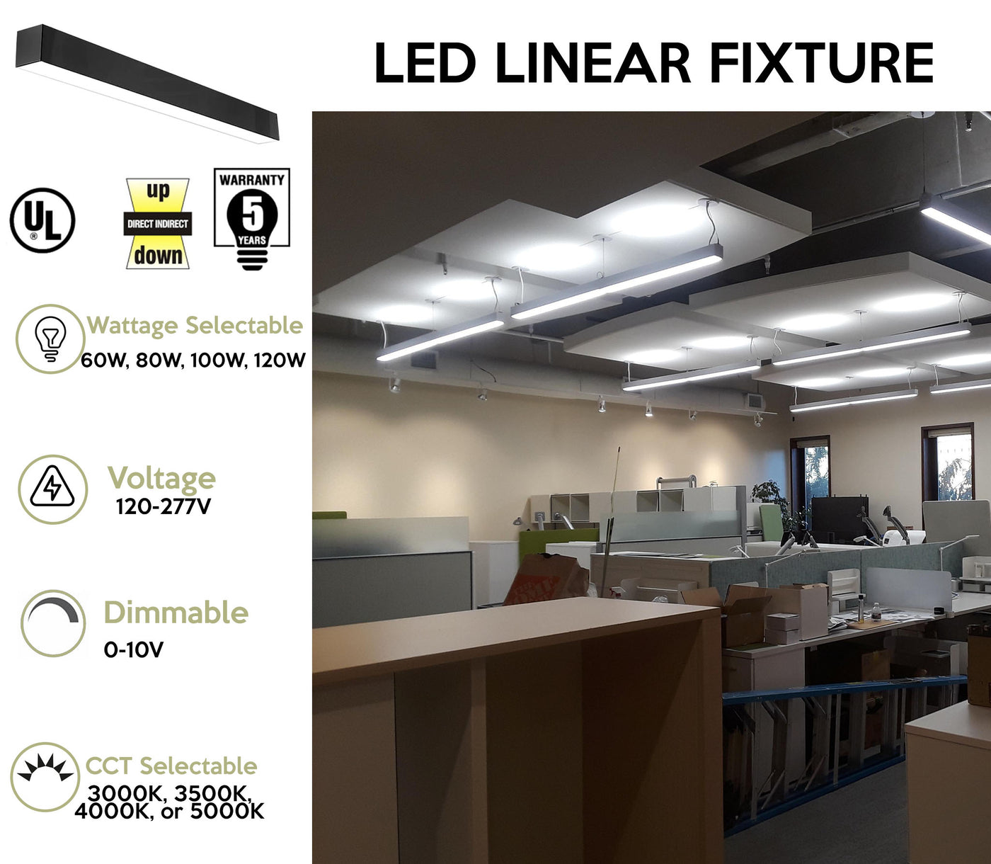 8 FT LED Direct/Indirect Suspended Linear Fixture G2, 13800 Lumens, Wattage and CCT Selectable, 120-277V, Black, White or Silver Finish