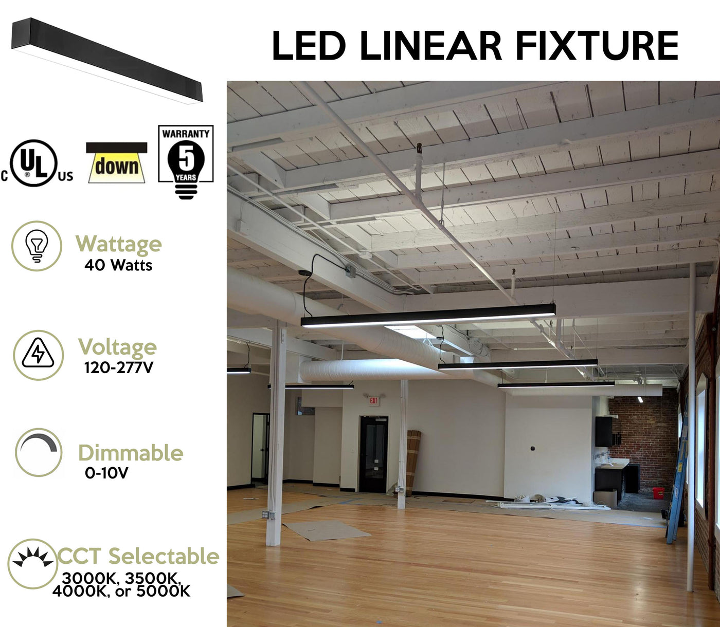 4 FT LED Linear Fixture G2, 4800 Lumen Max, 40 Watt, CCT Selectable,  120-277V, Black, White or Silver Finish