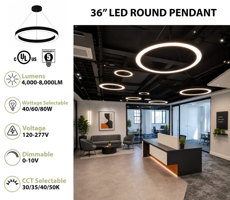 36" LED Round Direct/Indirect Pendant Light, 8000 Lumen Max, Wattage and CCT Selectable, 120-277V, White or Black Finish