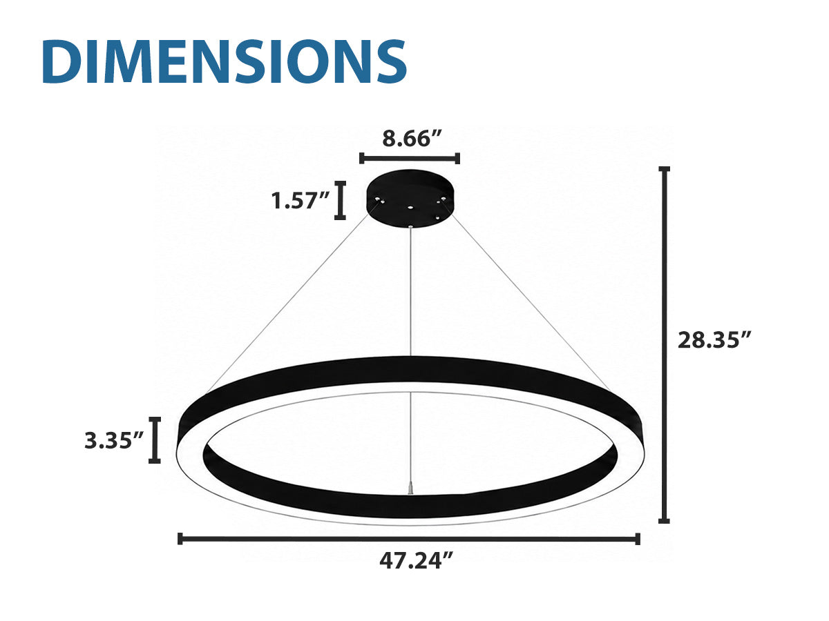 48" LED Round Direct/Indirect Pendant Light, 10,000 Lumen Max, Wattage and CCT Selectable, 120-277V, Black Finish