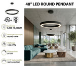 48" LED Round Pendant Light, 10,000 Lumen Max, Wattage and CCT Selectable, 120-277V, White or Black Finish
