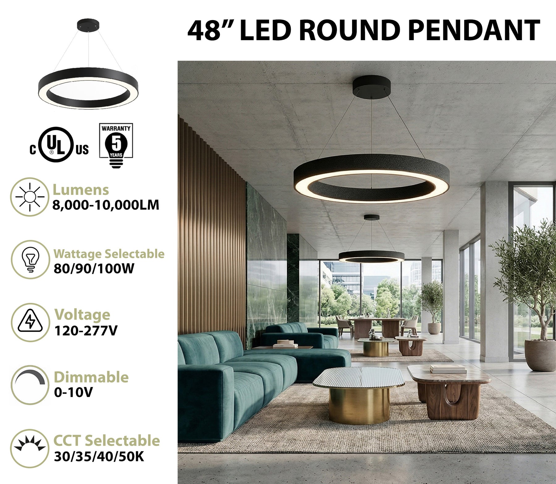 48" LED Round Pendant Light, 10,000 Lumen Max, Wattage and CCT Selectable, 120-277V, White or Black Finish