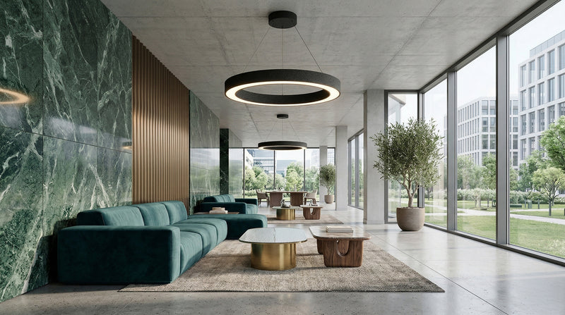 48" LED Round Pendant Light, 10,000 Lumen Max, Wattage and CCT Selectable, 120-277V, White or Black Finish