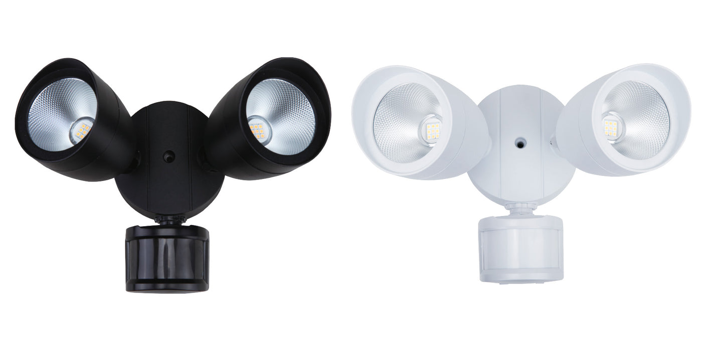 Double Head Security Flood Light, 1400 Lumens, 20W, 3000K or 5000K, 120V, Motion Sensor Option, Black or White Finish