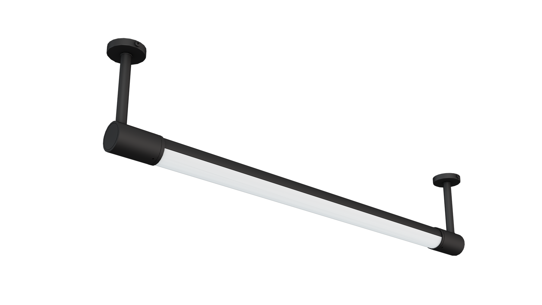 A modern linear light fixture with a matte black metal frame and a long white tube, shown at an angle on a plain white background.
