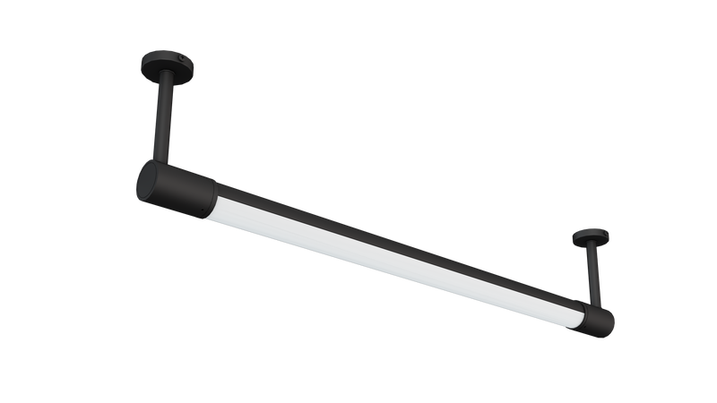 A modern linear light fixture with a matte black metal frame and a long white tube, shown at an angle on a plain white background.