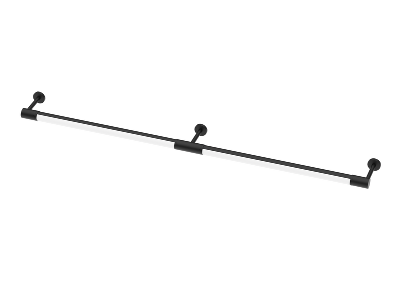 A matte black metal wall-mounted sign light with three mounting brackets and round wall anchors, shown on a plain white background.