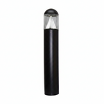 A modern outdoor bollard light with a matte black cylindrical body, a clear glass upper section, and a white diffuser cone inside, shown against a plain white background.