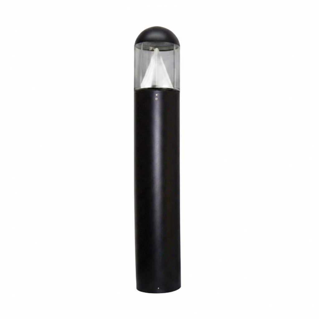 A modern outdoor bollard light with a matte black cylindrical body, a clear glass upper section, and a white diffuser cone inside, shown against a plain white background.