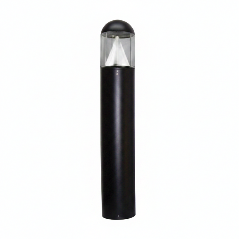 A modern outdoor bollard light with a matte black cylindrical body, a clear glass upper section, and a white diffuser cone inside, shown against a plain white background.