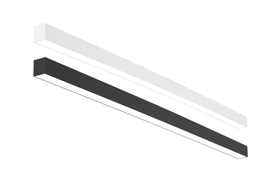 8 FT LED Direct/Indirect Suspended Linear Fixture, 4" Wide, 11,500 Lumen Max, Wattage and CCT Selectable, 120-277V, White or Black Finish